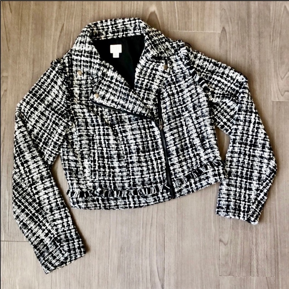 A New Day Black and White Tweed Fringe Moto Jacket